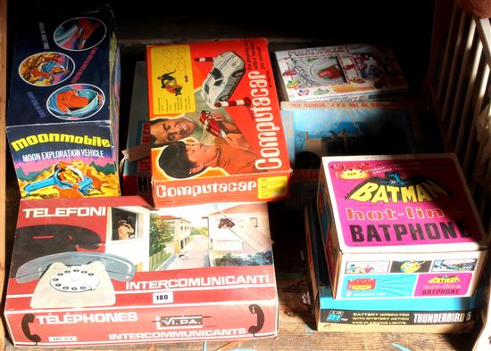 Thunderbird 5 Space Monitor (box F), Moonmobile & various other battery-operated & communication toys etc
